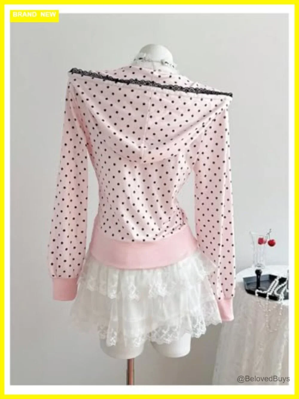 Y2K Polka Dot Lace Trim Zip Up Hoodie Coquette Fitted Sweatshirt Pockets